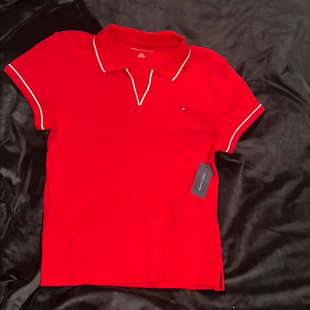 Polo $50 Tommy Hilfiger Red Collared Golf Tennis White Trim Short Shirt NWT NEW